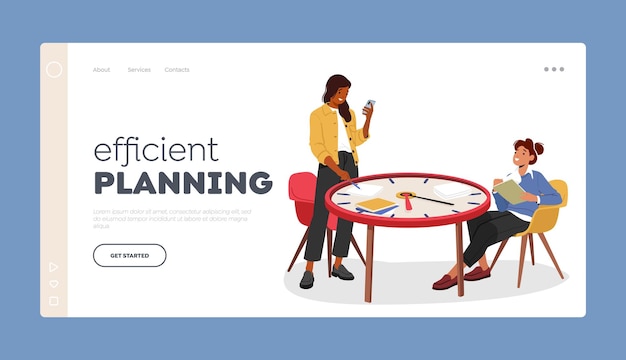 Efficiënte planning bestemmingspagina sjabloon Vrouwelijke karakters zittend aan gigantische kloktafel met smartphone en papieren