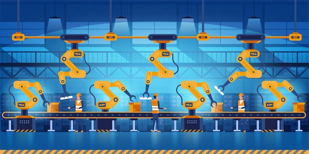 Vector efficiënte slimme fabriek met arbeiders, robots en lopende band, industrie 4.0 en technologieconceptenillustratie