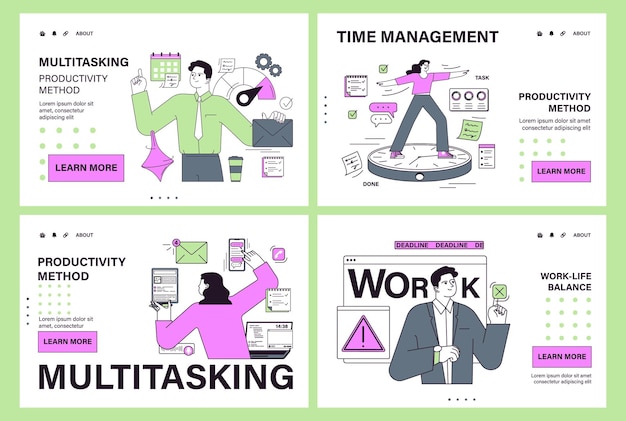 Efficiëntie van werknemers web of landing set bedrijfsmedewerker productieve multitasking tijdmanagement en