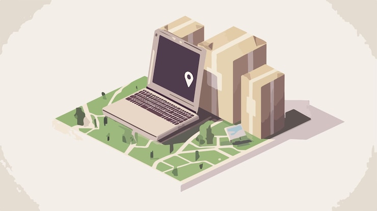 Vector efficiently manage packages with laptop gps and map in wideangle view
