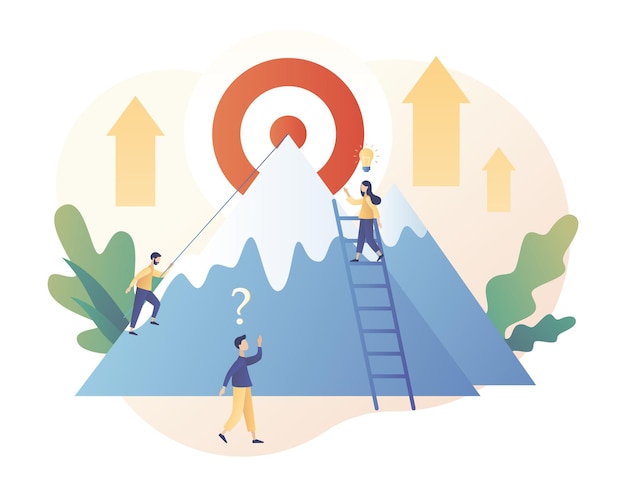 Efforts to achieve target perseverance challenge career and personal growth tiny people businessmen climbing mountain the goal modern flat cartoon style vector illustration on white background