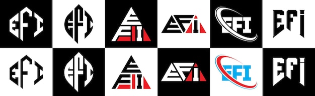 Design del logo della lettera efi in sei stili efi poligono cerchio triangolo esagono stile piatto e semplice con variazione di colore bianco e nero logo della lettera impostato in un artboard efi logo minimalista e classico