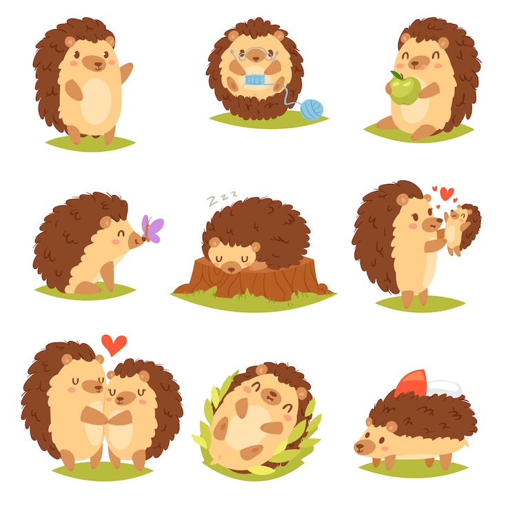 Vector egel vector cartoon stekelig dier karakter kind met liefde hart in de natuur dieren illustratie set van egel-tenrec slapen of spelen in bos geïsoleerd op witte achtergrond
