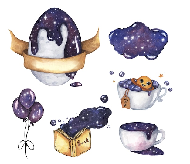 Uovo, palloncini, libro giallo aperto, tazza di caffè con set cosmico spaziale. illustrazione dell'acquerello.