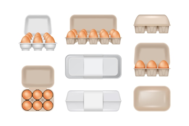 Vector egg packaging boxes set open and closed realistic blank paper tray or container isolated