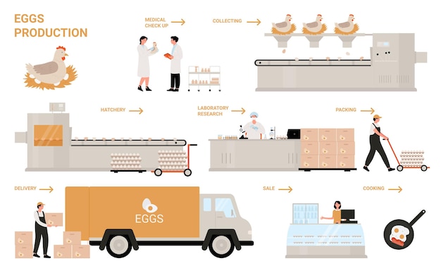 Egg process production in chicken poultry factory infographic illustration.