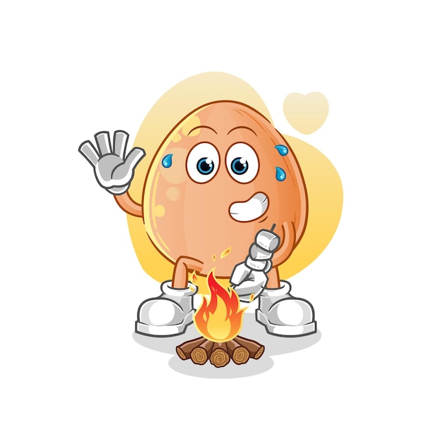 Egg roasting marshmallows. cartoon mascot vector