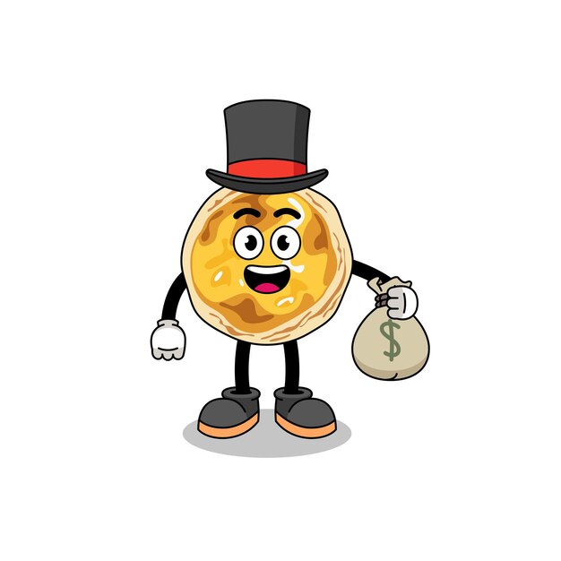 Vector egg tart mascot picture of a wealthy man with a money bag