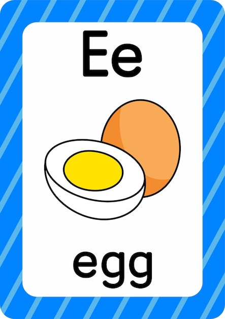 白い背景文字Eフラッシュカード卵漫画で分離された卵ベクトル