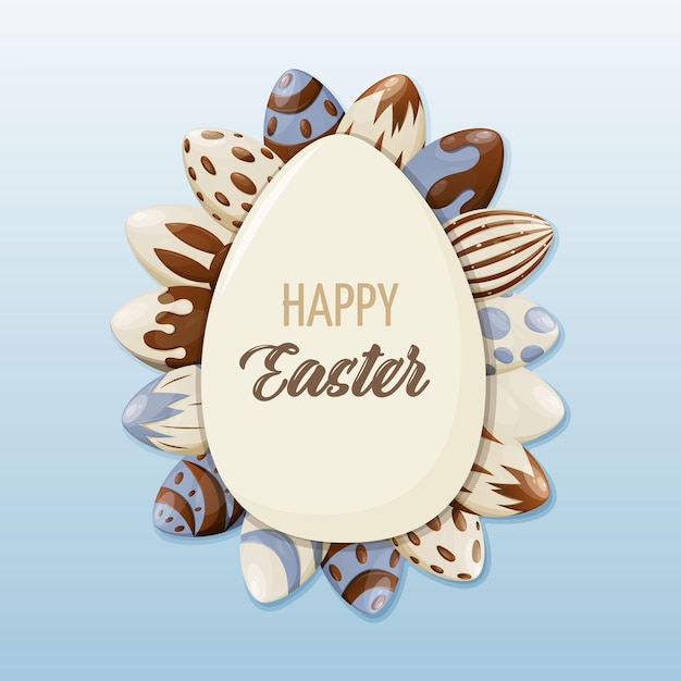 Egg with text happy easter. decorated chocolate eggs. vector illustration of a square shape for the