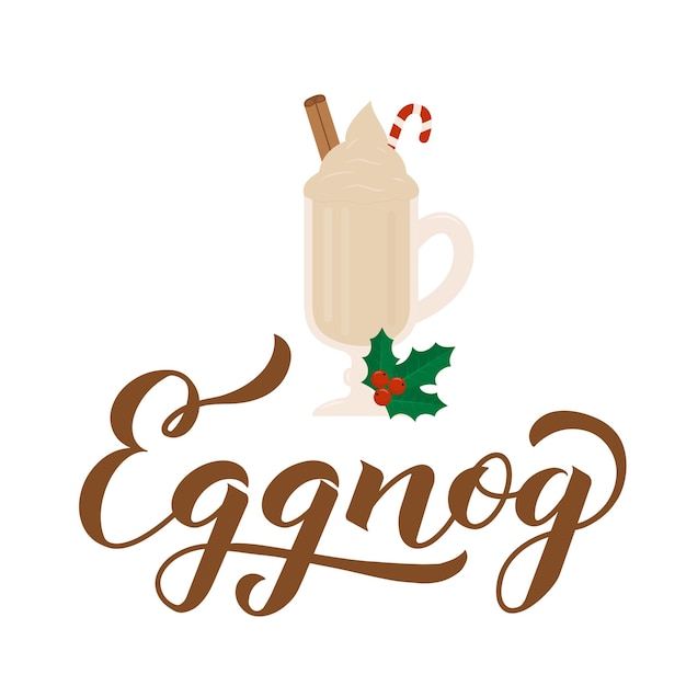 Eggnog kalligrafie hand belettering en glas traditionele kerst drankje geïsoleerd op wit Vector sjabloon voor logo ontwerp banner poster flyer sticker menu voor bar café restaurant