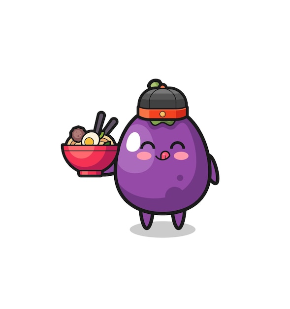 Eggplant as Chinese chef mascot holding a noodle bowl