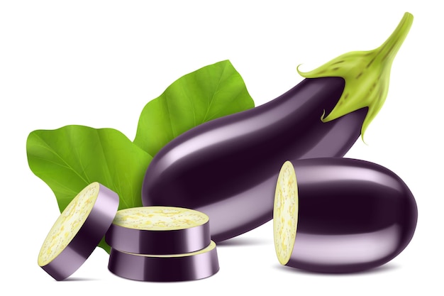 Eggplant or aubergine with slices and leaves isolated on white background Clipping path and full depth of field top view flat lay Realistic 3d vector