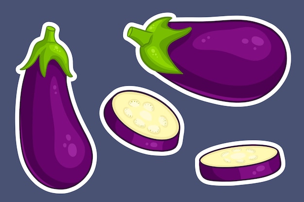 Eggplant set whole eggplant and cut wedges in cartoon style stickers vector illustration for design and decoration