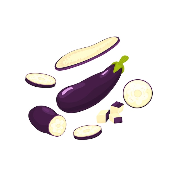 Eggplant set whole eggplant and cut wedges in cartoon style vector illustrations