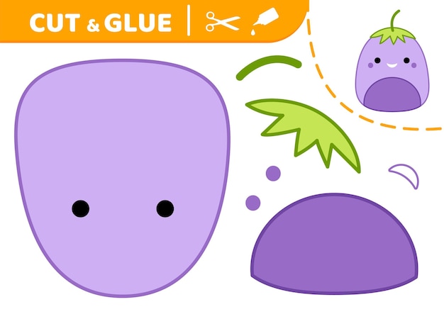 Eggplant Squishmallow Cut and glue Applique Paper game Cheerful eggplant Kawaii cartoon Isolated vector illustration eps 10