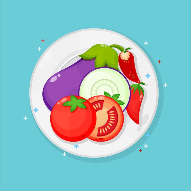 eggplant, tomatoe and red chilies on plate