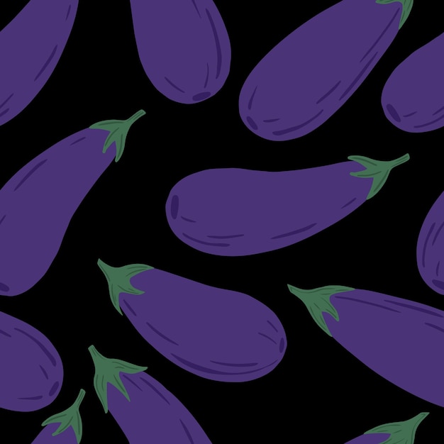 Vector eggplants seamless pattern on black background. violet aubergines wallpaper. design for fabric, textile print, wrapping paper, textile, restaurant menu. vector illustration