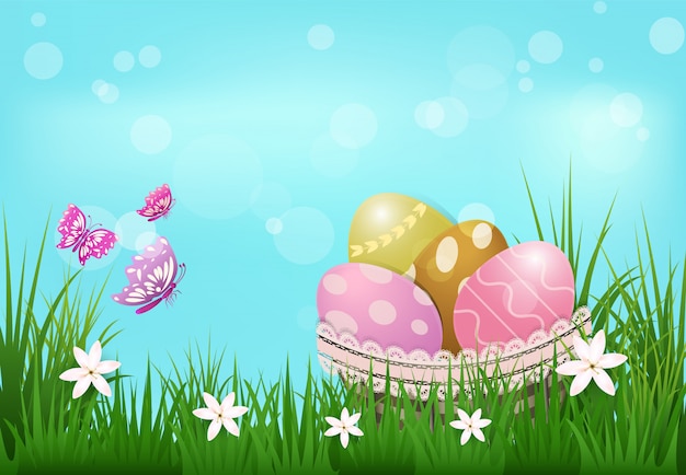 Eggs in the basket and butterflies, Easter day background