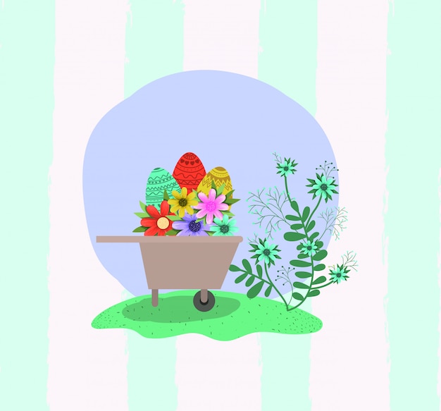 Eggs and flowers in wheelbarrow