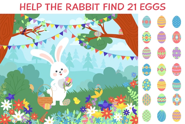 Eggs hunt Easter puzzle game location with bunny and egg in garden or forest Hare and chicken with basket festive play hidden objects decent vector background