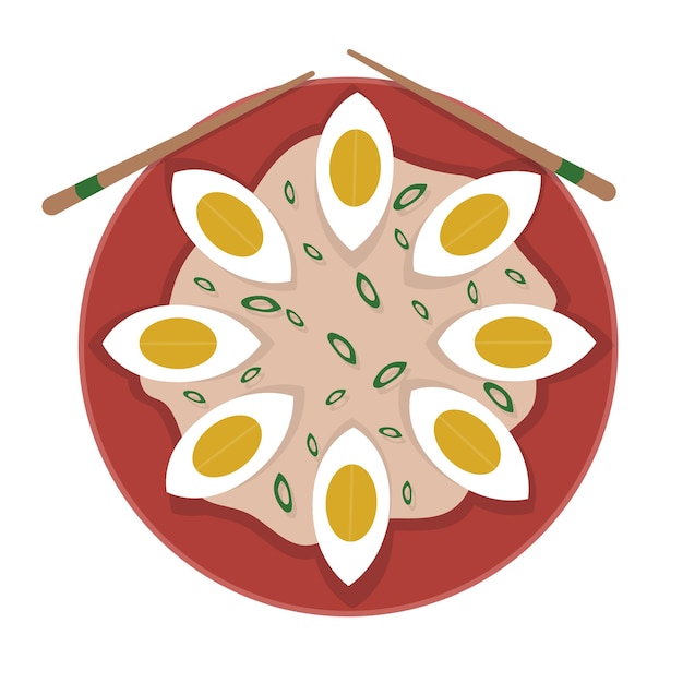 Vettore uova con cipolla e salsa su un piatto e bacchette per sushi illustrazione sul tema della cucina asiatica