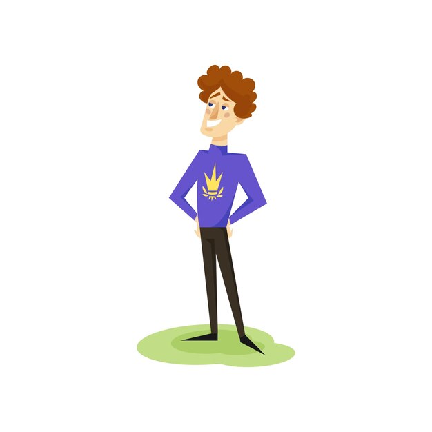 Egotistical modern prince with golden crown on his sweater funny young man comic character cartoon vector Illustration on a white background