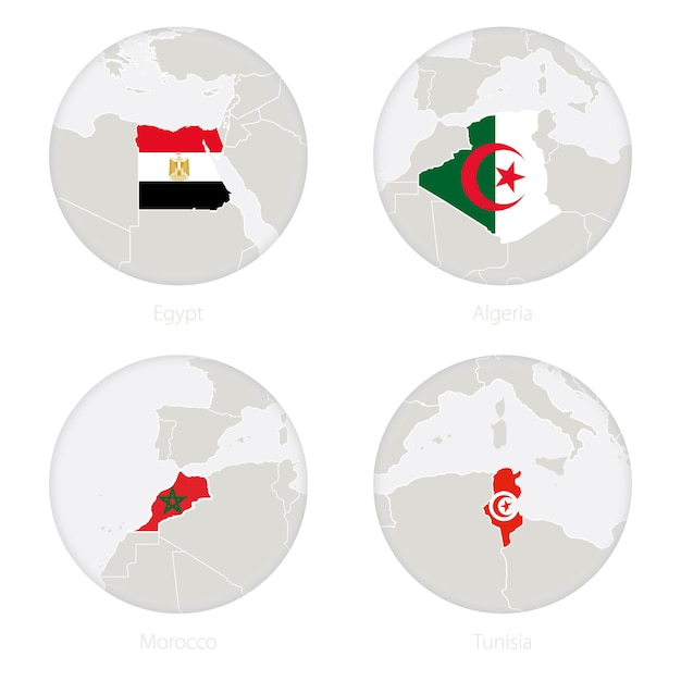 エジプト、アルジェリア、モロッコ、チュニジアの地図の等高線と国旗を円で囲みます。ベクトルイラスト。