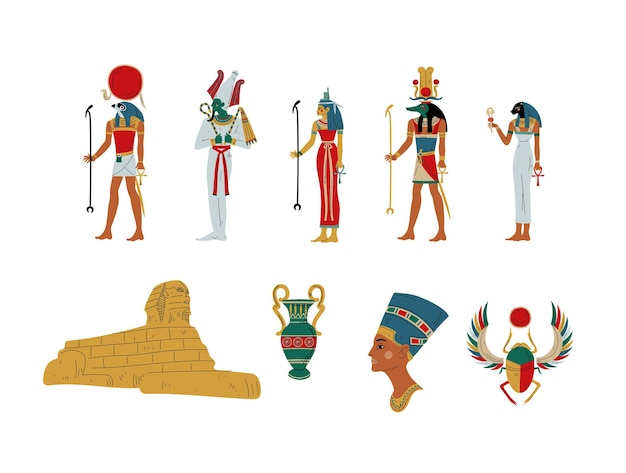 Vector egypt ancient symbols gods and goddess set vector illustration on white background