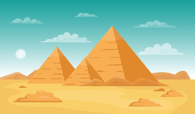 Egypt desert with pyramids Africa landscape background Egyptian town Giza Ancient history tomb Sand scenery Architecture landmark Old buildings Vector cartoon scenic panorama concept