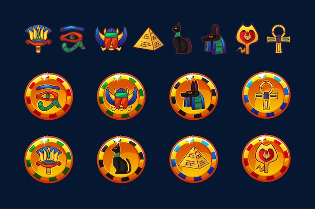 Vector egypt golden coins and set icons