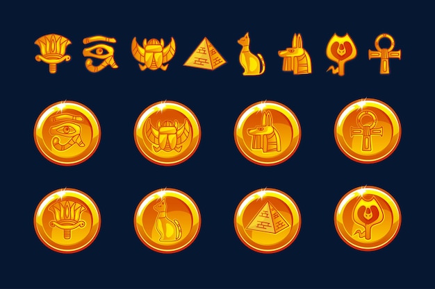 Egypt icons coins and design elements isolated. Collection of ancient Egypt icons - pyramid, scarab, cat, Sphinx, eye, wolf, pharaoh, ornament. Objects on a separate layer.