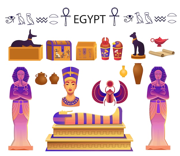 Vector egypt set  with  a sarcophagus, chests, statues of the pharaoh with the ankh, a cat figurine, dog, nefertiti, columns, scarab and a lamp.