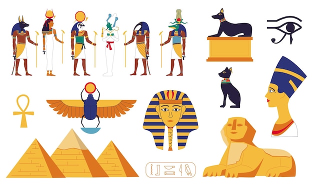 Egypte collectie oude egyptische goden of mythologie sacrale wezens sfinx en piramide stenen sculpturen religie symbolen decoratieve archeologische elementen vector historische set