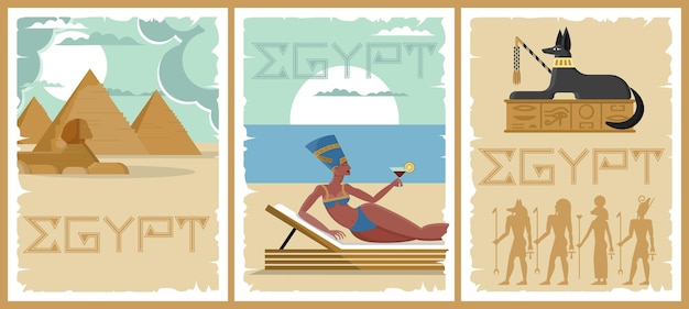 Egypte farao poster cleopatra cover met patroon textuur oude piramide of sfinx hiëroglief muurschildering afrika kunst elementen nefertiti vakantie jakhals sculptuur vector illustraties set