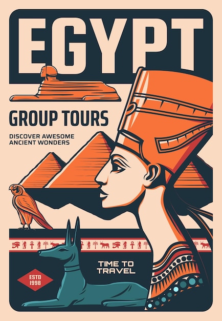 Vector egypte groepsreizen retro poster egyptische cultuur