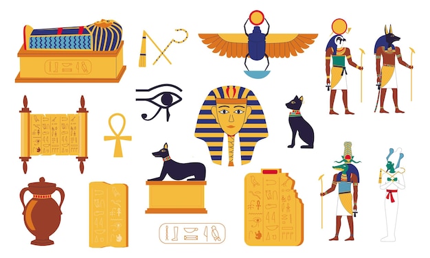 Egypte hiërogliefen cartoon egyptische cultuurelementen oude graven van farao's mythologische goden belettering op stenen tabletten en papyrus religieuze symbolen en dieren vector set