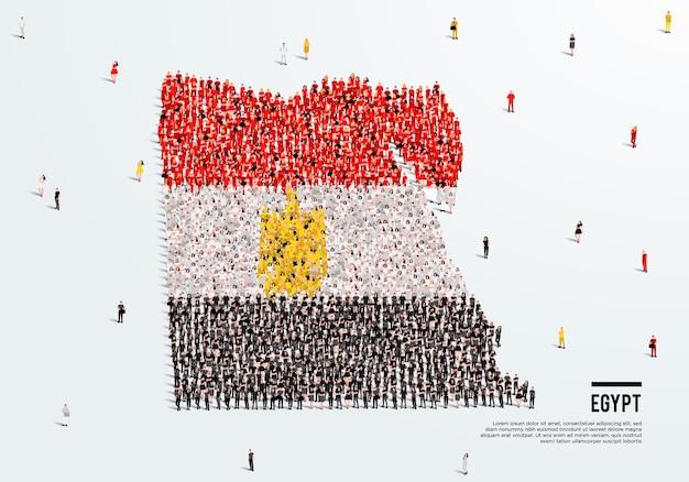 Egypte kaart en vlag. Een grote groep mensen in de kleurvorm van de Egyptische vlag om de kaart te maken.