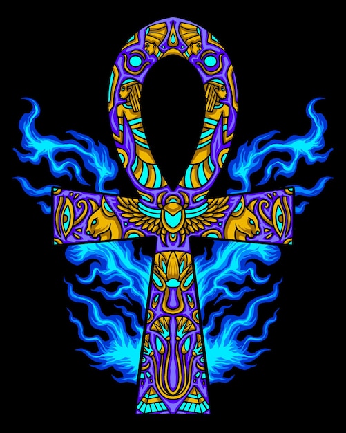 Vector egyptian ankh golden blue fire logo