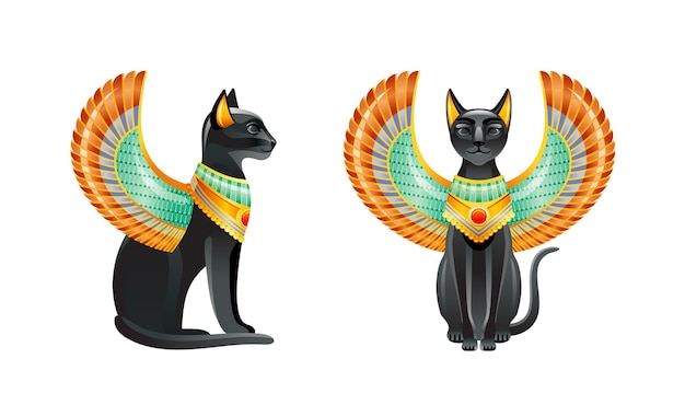 エジプトの猫。バステトの女神。スカラベの翼とゴールドのネックレスがセットされた黒猫。古代エジプト美術の小像。