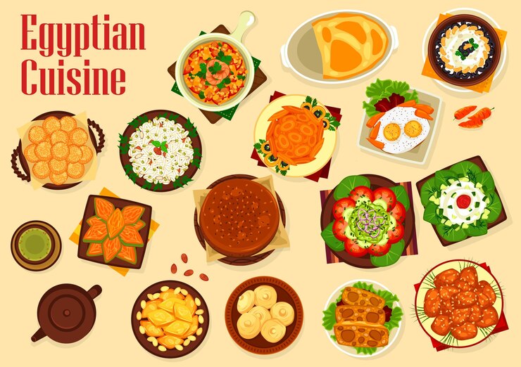 Вектор египетская кухня еда арабские десерты и салаты