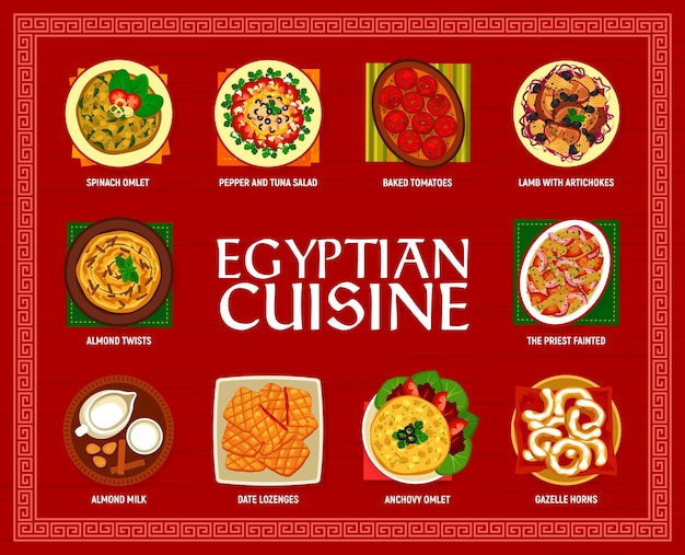 Egyptian cuisine menu with food dishes and meals for lunch and\
dinner, vector. egypt restaurant traditional food with spinach\
omlet, almond and baked tomatoes, lamb with artichokes and gazelle\
horns