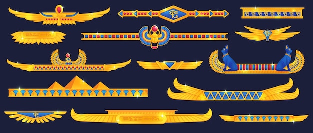 벡터 이집트 게임 테두리 이집트 gui 구분선 파라오 보물 게임 메뉴 벡터 그림 게임 장식 신화를 위한 금 날개 또는 금속 장식 ui 요소가 있는 고대 선조 구분선