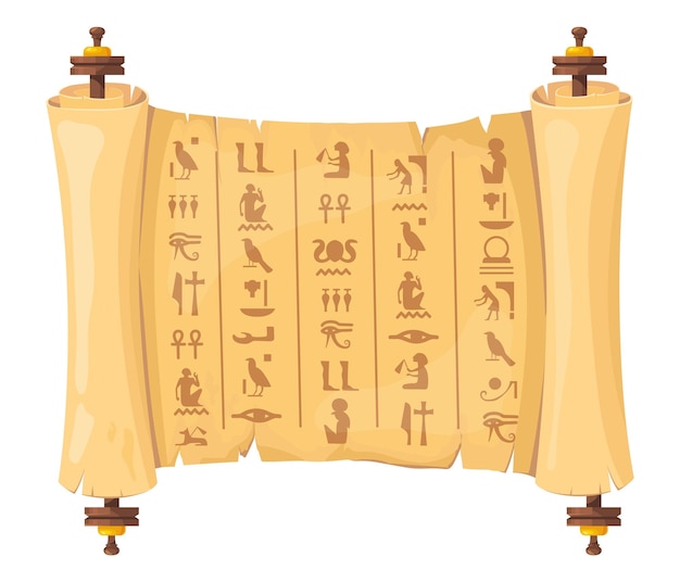 Egyptian papyrus scroll Ancient egyptians hieroglyphs on old paper egypt historical archaeological manuscript with pharaoh and pyramid neat cartoon vector letters