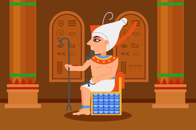 Egyptian pharaoh sitting in throne room with hieroglyphs on walls and big columns cartoon man with scepter and ankh cross flat vector