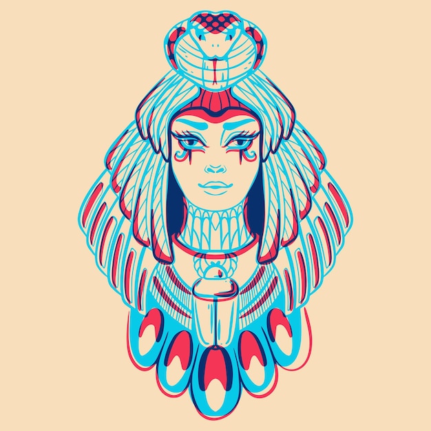 Egyptian princess Colorful cute screen printing effect Riso print effect Vector illustration