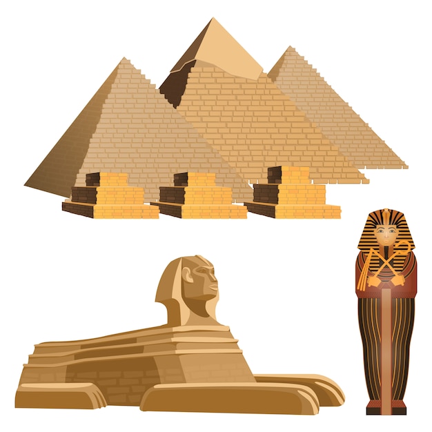 Vector egyptian pyramids, ancient sphinx and sarcophagus of pharaoh.