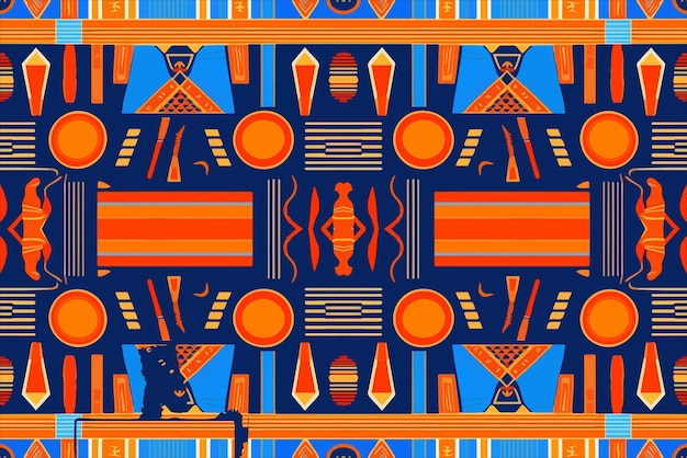 Vector egyptian seamless pattern orange and blue background abstract traditional folk old ancient