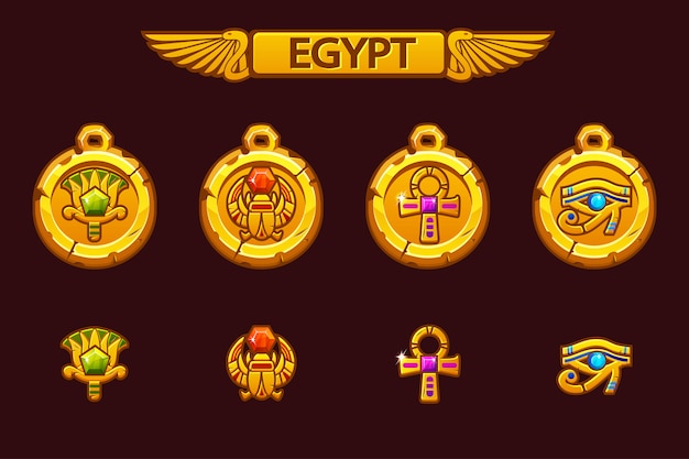   Egyptian talismans with Scarab, Eye, flower and Cross. Olden Egypt golden amulet with colored precious gems.