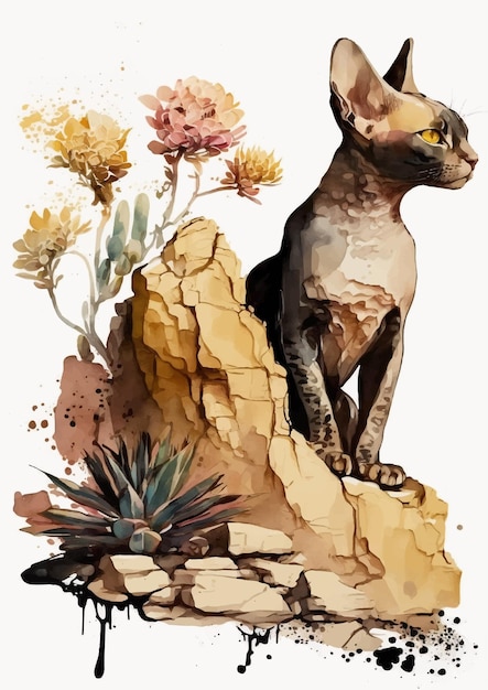 Вектор Акварельный рисунок кота-сфинкса в египетском стиле